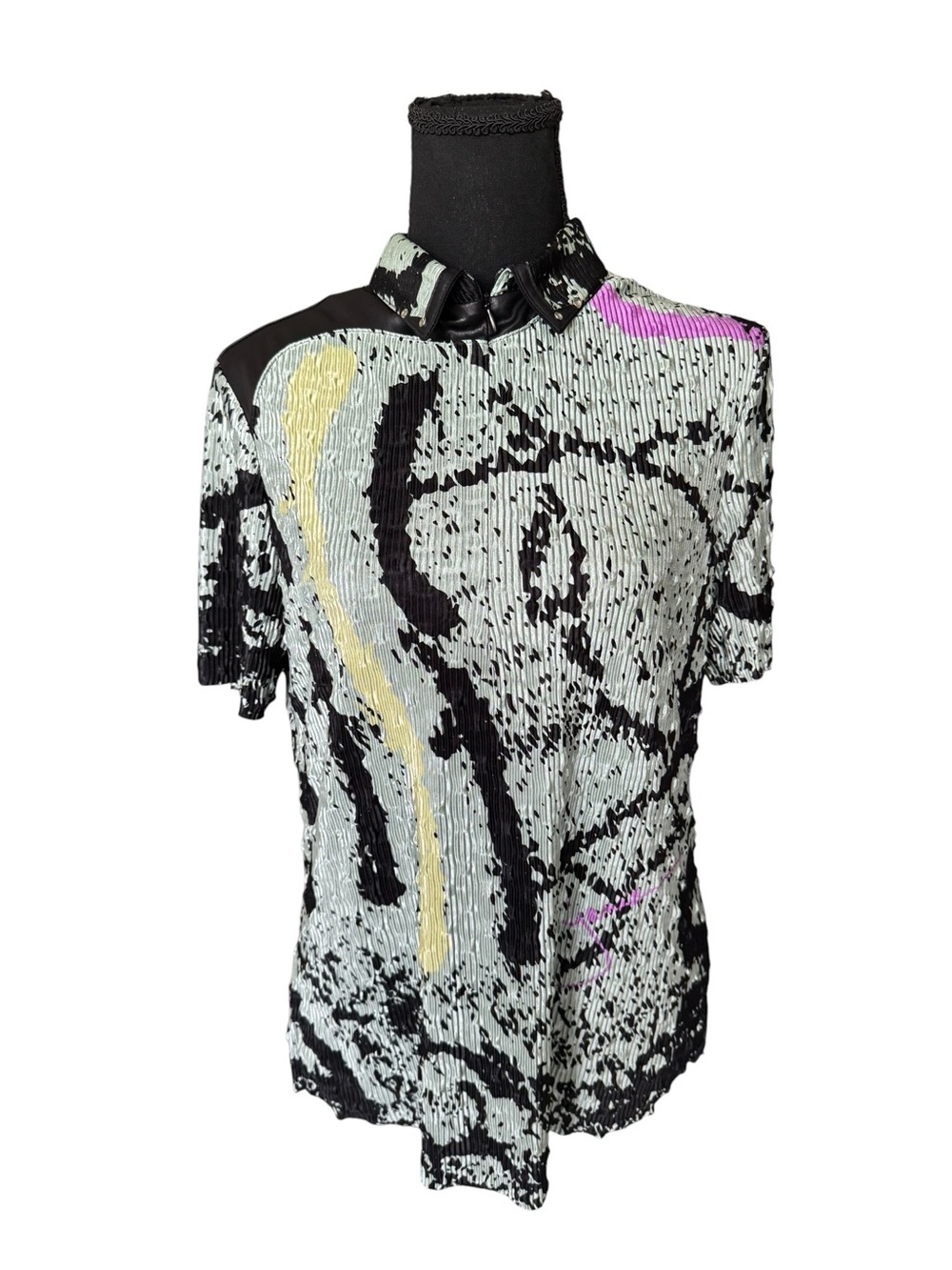 Jamie Sadock Crinkle Pleated Golf Polo Art Print Stretch Top Large Quiet Luxury
